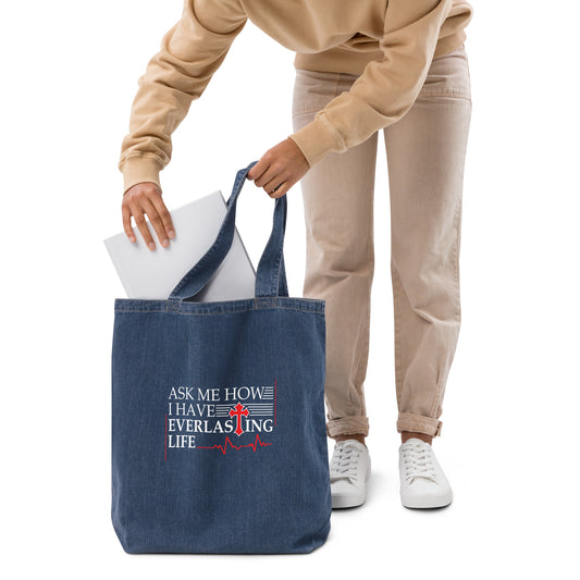 Ask Me-Organic denim tote bag